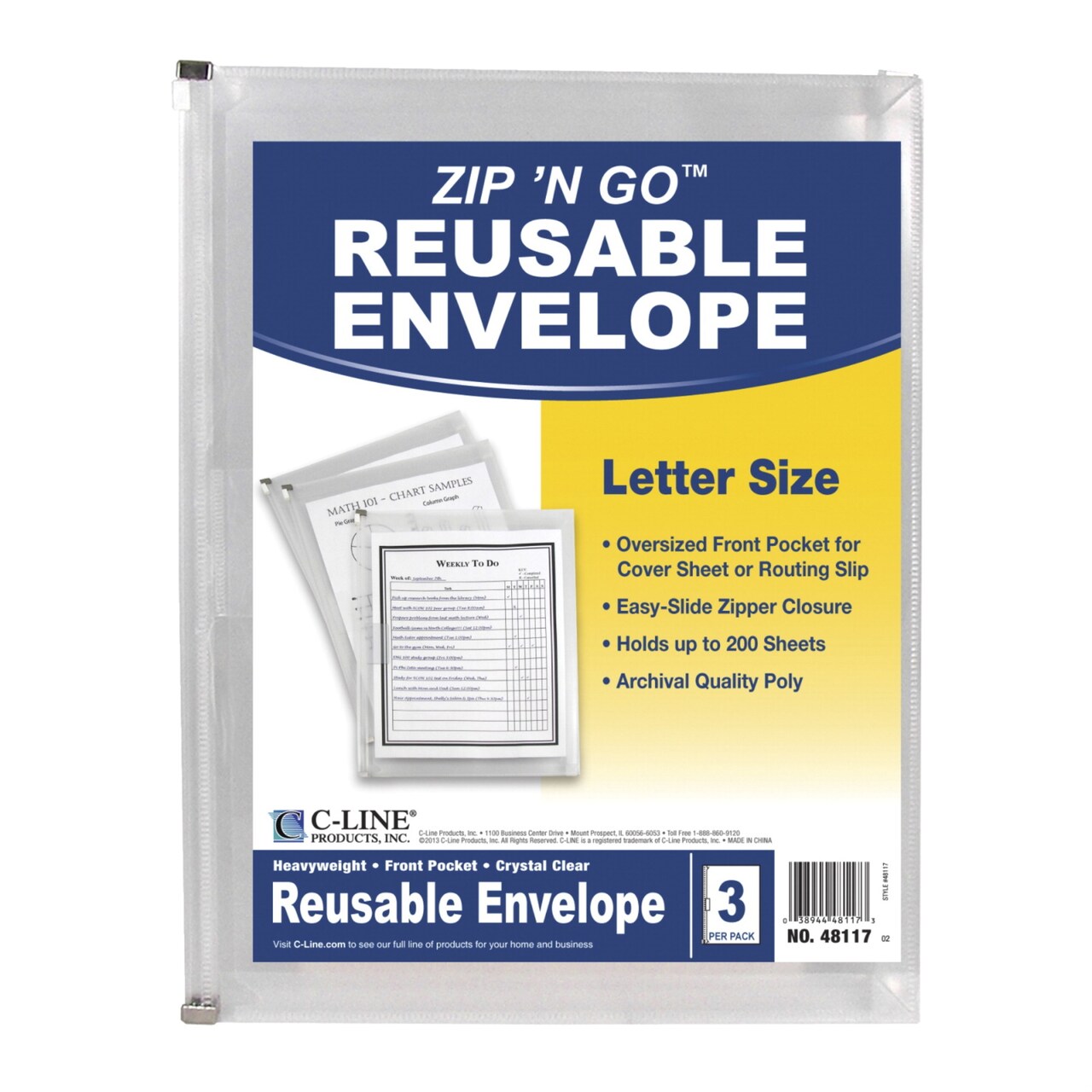 C-Line Zip 'N Go Reusable Envelope with Outer Pocket, Clear, Pack of 3